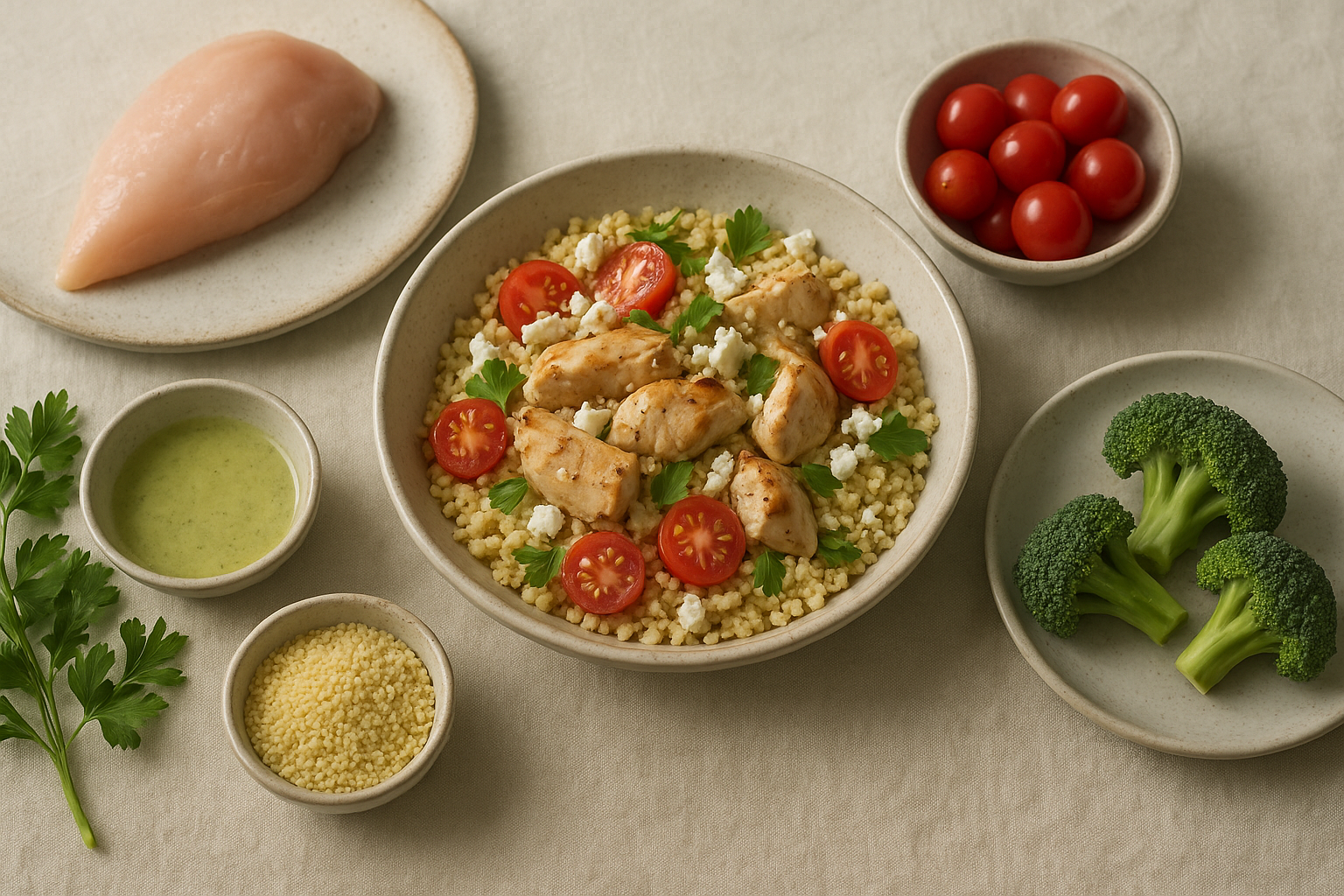 Editorial illustration for: Boost Brain Health: Master Meal Prep with Greek Chicken Couscous
