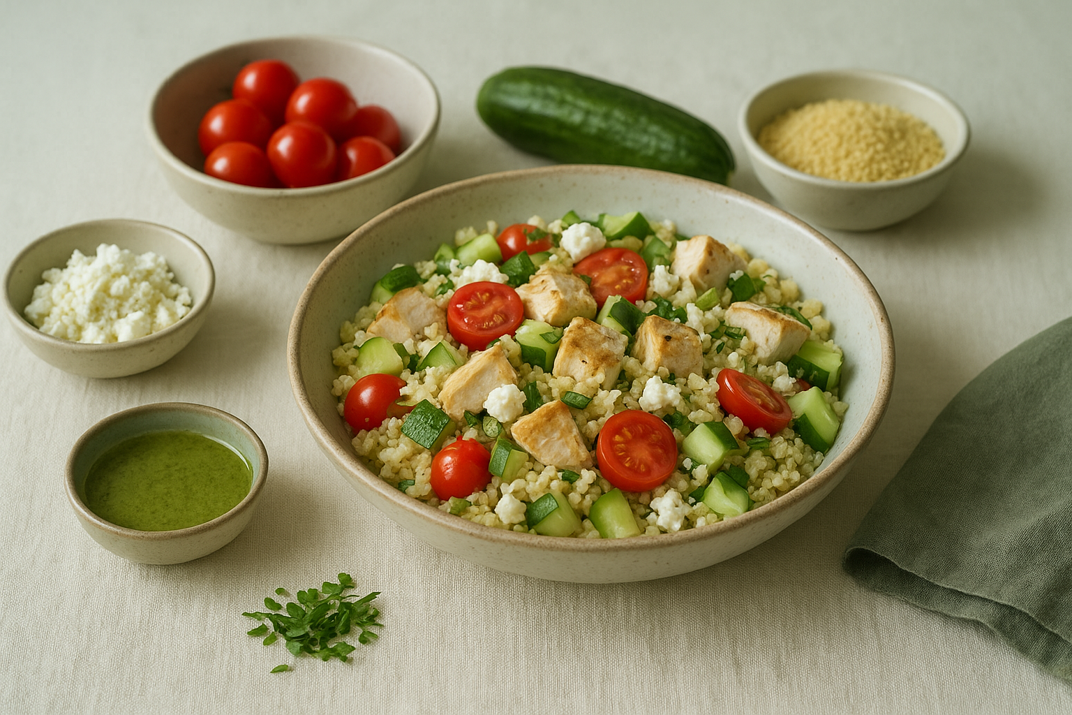 Editorial illustration for: Meal Prepping for Brain Health: Greek Chicken Couscous Salad
